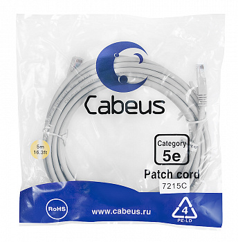 Cabeus PC-UTP-RJ45-Cat.5e-5m Патч-корд U/UTP, категория 5е, 2xRJ45/8p8c, неэкранированный, серый, PV